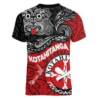 Maori Kotahitanga Women V-Neck T-Shirt Aotearoa Spirit with Maori Mask and Polynesian Art Tattoo