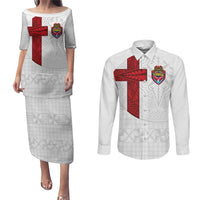 Custom Tonga Ngatu Art Rugby Mate Ma'a Couples Matching Puletasi and Long Sleeve Button Shirt LT03 White - Polynesian Pride