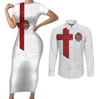 Custom Tonga Ngatu Art Rugby Mate Ma'a Couples Matching Short Sleeve Bodycon Dress and Long Sleeve Button Shirt LT03 White - Polynesian Pride