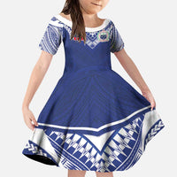 Custom Samoa Rugby Family Matching Long Sleeve Bodycon Dress and Hawaiian Shirt Pacific Motifs LT03 Daughter's Dress Blue - Polynesian Pride
