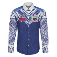 Custom Samoa Rugby Family Matching Long Sleeve Bodycon Dress and Hawaiian Shirt Pacific Motifs LT03 Dad's Shirt - Long Sleeve Blue - Polynesian Pride