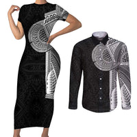 Samoan Tatau Couples Matching Short Sleeve Bodycon Dress and Long Sleeve Button Shirt Art Tribal Traditional Tattoos LT03 Black - Polynesian Pride