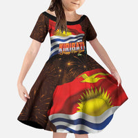 Kiribati Flag and Fireworks Family Matching Off The Shoulder Long Sleeve Dress and Hawaiian Shirt First Place Welcome the New Year LT03 Daughter's Dress Black - Polynesian Pride