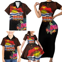 Kiribati Flag and Fireworks Family Matching Short Sleeve Bodycon Dress and Hawaiian Shirt First Place Welcome the New Year - Polynesian Pride