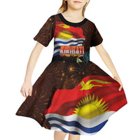 Kiribati Flag and Fireworks Kid Short Sleeve Dress First Place Welcome the New Year - Polynesian Pride