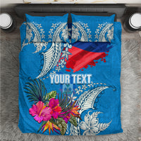Personalised Haiti Coat Of Arms Bedding Set Repiblik d Ayiti Tropical Flower Blue Polynesian Pattern LT03 Blue - Polynesian Pride