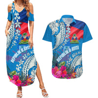 Personalised Haiti Coat Of Arms Couples Matching Summer Maxi Dress and Hawaiian Shirt Repiblik d Ayiti Tropical Flower Blue Polynesian Pattern LT03 Blue - Polynesian Pride