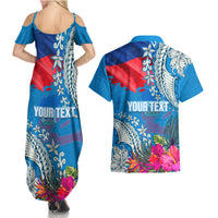 Personalised Haiti Coat Of Arms Couples Matching Summer Maxi Dress and Hawaiian Shirt Repiblik d Ayiti Tropical Flower Blue Polynesian Pattern LT03 - Polynesian Pride