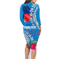 Personalised Haiti Coat Of Arms Family Matching Long Sleeve Bodycon Dress and Hawaiian Shirt Repiblik d Ayiti Tropical Flower Blue Polynesian Pattern LT03 - Polynesian Pride