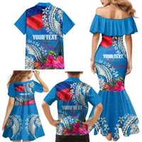Personalised Haiti Coat Of Arms Family Matching Mermaid Dress and Hawaiian Shirt Repiblik d Ayiti Tropical Flower Blue Polynesian Pattern LT03 - Polynesian Pride