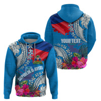 Personalised Haiti Coat Of Arms Hoodie Repiblik d Ayiti Tropical Flower Blue Polynesian Pattern LT03 - Polynesian Pride