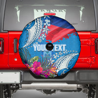 Personalised Haiti Coat Of Arms Spare Tire Cover Repiblik d Ayiti Tropical Flower Blue Polynesian Pattern LT03 - Polynesian Pride