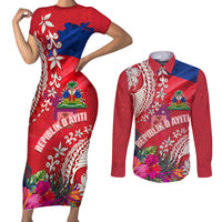 Personalised Haiti Coat Of Arms Couples Matching Short Sleeve Bodycon Dress and Long Sleeve Button Shirt Repiblik d Ayiti Tropical Flower Red Polynesian Pattern LT03 Red - Polynesian Pride