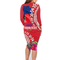 Personalised Haiti Coat Of Arms Family Matching Long Sleeve Bodycon Dress and Hawaiian Shirt Repiblik d Ayiti Tropical Flower Red Polynesian Pattern LT03 - Polynesian Pride