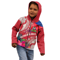 Personalised Haiti Coat Of Arms Kid Hoodie Repiblik d Ayiti Tropical Flower Red Polynesian Pattern LT03 - Polynesian Pride