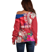 Personalised Haiti Coat Of Arms Off Shoulder Sweater Repiblik d Ayiti Tropical Flower Red Polynesian Pattern LT03 - Polynesian Pride