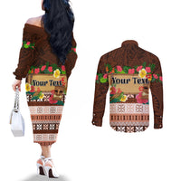 Pasifika Festival Auckland Couples Matching Off The Shoulder Long Sleeve Dress and Long Sleeve Button Shirt Polynesian Tribal with Pacific Pattern Brown Color LT03 - Polynesian Pride