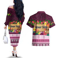 Pasifika Festival Auckland Couples Matching Off The Shoulder Long Sleeve Dress and Hawaiian Shirt Polynesian Tribal with Pacific Pattern Pink Color LT03 - Polynesian Pride
