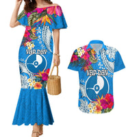 Yap Day Couples Matching Mermaid Dress and Hawaiian Shirt Tapa Pattern with Hisbiscus LT03 Blue - Polynesian Pride