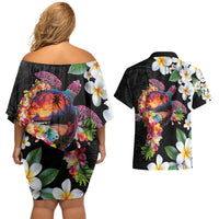 Hawaiian Lei Day Couples Matching Off Shoulder Short Dress and Hawaiian Shirt Plumeria and Turtle with Polynesian Tribal Pattern