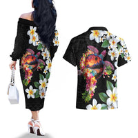Hawaiian Lei Day Couples Matching Off The Shoulder Long Sleeve Dress and Hawaiian Shirt Plumeria and Turtle with Polynesian Tribal Pattern LT03 - Polynesian Pride