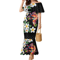 Hawaiian Lei Day Family Matching Mermaid Dress and Hawaiian Shirt Plumeria and Turtle with Polynesian Tribal Pattern