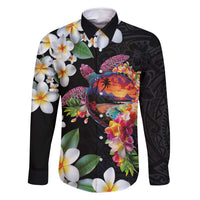 Hawaiian Lei Day Family Matching Off Shoulder Maxi Dress and Hawaiian Shirt Plumeria and Turtle with Polynesian Tribal Pattern LT03 Dad's Shirt - Long Sleeve Black - Polynesian Pride