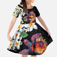 Hawaiian Lei Day Family Matching Tank Maxi Dress and Hawaiian Shirt Plumeria and Turtle with Polynesian Tribal Pattern LT03 Daughter's Dress Black - Polynesian Pride