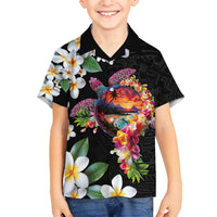 Hawaiian Lei Day Family Matching Tank Maxi Dress and Hawaiian Shirt Plumeria and Turtle with Polynesian Tribal Pattern LT03 Son's Shirt Black - Polynesian Pride