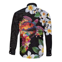 Hawaiian Lei Day Long Sleeve Button Shirt Plumeria and Turtle with Polynesian Tribal Pattern