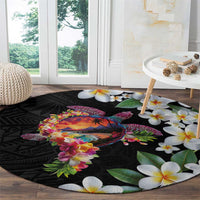 Hawaiian Lei Day Round Carpet Plumeria and Turtle with Polynesian Tribal Pattern