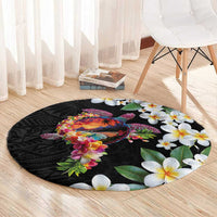 Hawaiian Lei Day Round Carpet Plumeria and Turtle with Polynesian Tribal Pattern