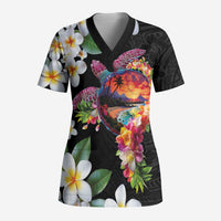Hawaiian Lei Day Scrub Top Plumeria and Turtle with Polynesian Tribal Pattern - Polynesian Pride