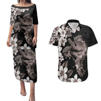 Hawaiian Lei Day Couples Matching Puletasi and Hawaiian Shirt Plumeria and Turtle with Polynesian Tribal Pattern Grayscale Color