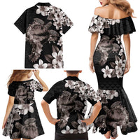 Hawaiian Lei Day Family Matching Mermaid Dress and Hawaiian Shirt Plumeria and Turtle with Polynesian Tribal Pattern Grayscale Color
