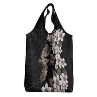 Hawaiian Lei Day Grocery Bag Plumeria and Turtle with Polynesian Tribal Pattern Grayscale Color