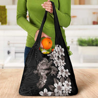 Hawaiian Lei Day Grocery Bag Plumeria and Turtle with Polynesian Tribal Pattern Grayscale Color
