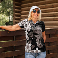 Hawaiian Lei Day Women Polo Shirt Plumeria and Turtle with Polynesian Tribal Pattern Grayscale Color