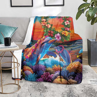 Hawaiian Lei Day Blanket Dolphins with Colorful Corals and Romantic Sunset