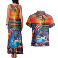 Hawaiian Lei Day Couples Matching Tank Maxi Dress and Hawaiian Shirt Dolphins with Colorful Corals and Romantic Sunset
