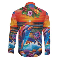 Hawaiian Lei Day Family Matching Puletasi and Hawaiian Shirt Dolphins with Colorful Corals and Romantic Sunset