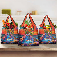 Hawaiian Lei Day Grocery Bag Dolphins with Colorful Corals and Romantic Sunset