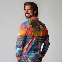 Hawaiian Lei Day Long Sleeve Polo Shirt Dolphins with Colorful Corals and Romantic Sunset