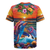 Hawaiian Lei Day Rugby Jersey Dolphins with Colorful Corals and Romantic Sunset