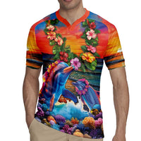Hawaiian Lei Day Rugby Jersey Dolphins with Colorful Corals and Romantic Sunset