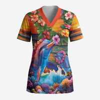 Hawaiian Lei Day Scrub Top Dolphins with Colorful Corals and Romantic Sunset LT03 Adult Orange - Polynesian Pride