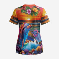 Hawaiian Lei Day Scrub Top Dolphins with Colorful Corals and Romantic Sunset LT03 - Polynesian Pride