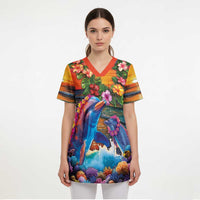 Hawaiian Lei Day Scrub Top Dolphins with Colorful Corals and Romantic Sunset LT03 - Polynesian Pride
