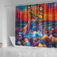 Hawaiian Lei Day Shower Curtain Dolphins with Colorful Corals and Romantic Sunset LT03 - Polynesian Pride