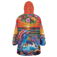 Hawaiian Lei Day Wearable Blanket Hoodie Dolphins with Colorful Corals and Romantic Sunset